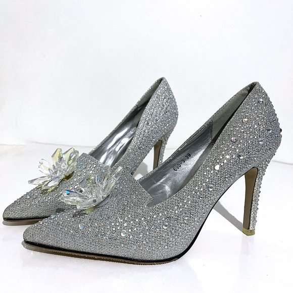 Geyunya Glitter Silver Sparkle Crystal Effect Cinderella Bridal Prom Heels - Picture 15 of 17